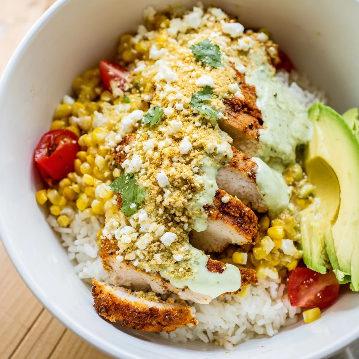 Street Corn Chicken Rice Bowl served over fluffy rice with cotija cheese and lime wedges.  