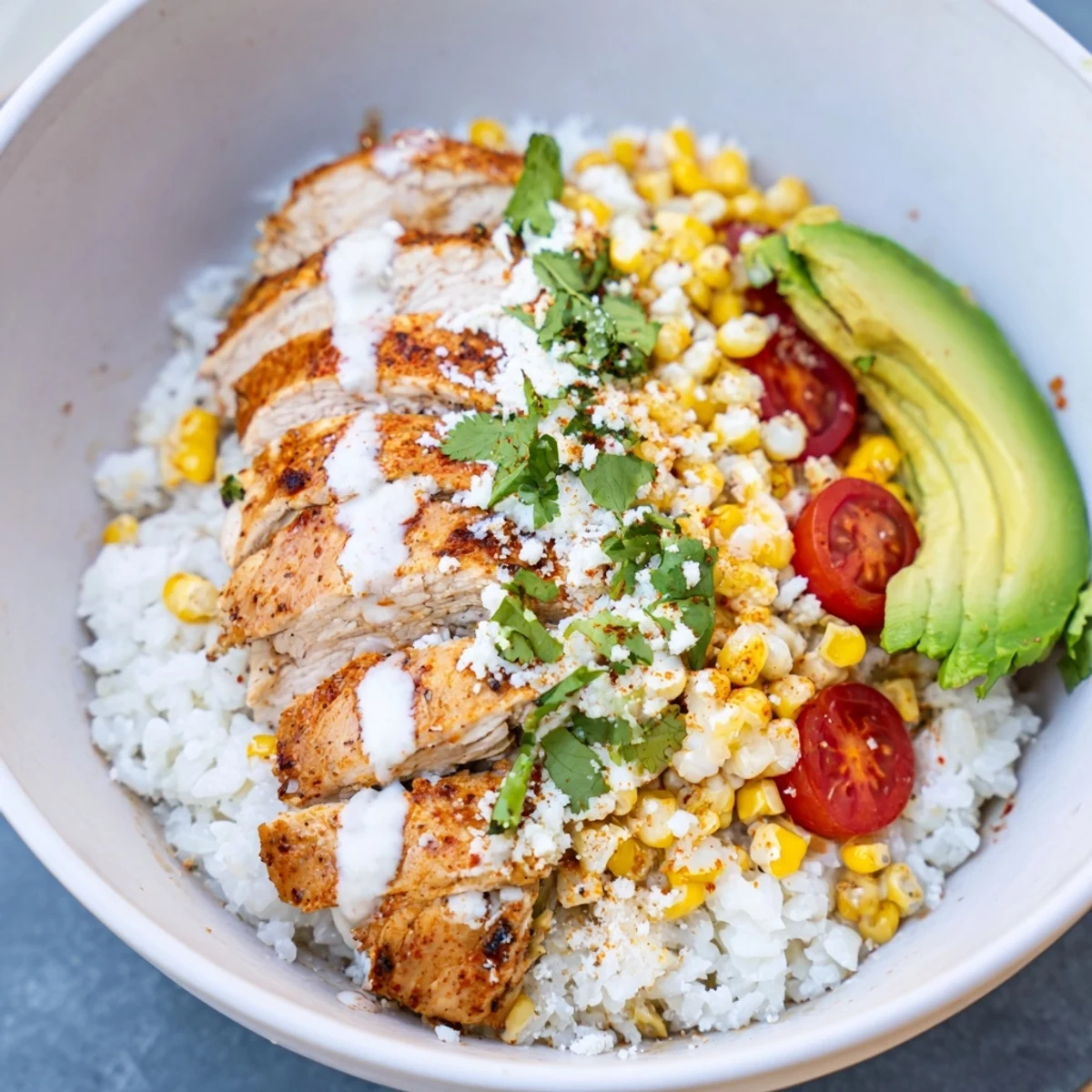 Street Corn Chicken Rice Bowl featuring charred corn, juicy chicken, cherry tomatoes, and fresh cilantro garnish.