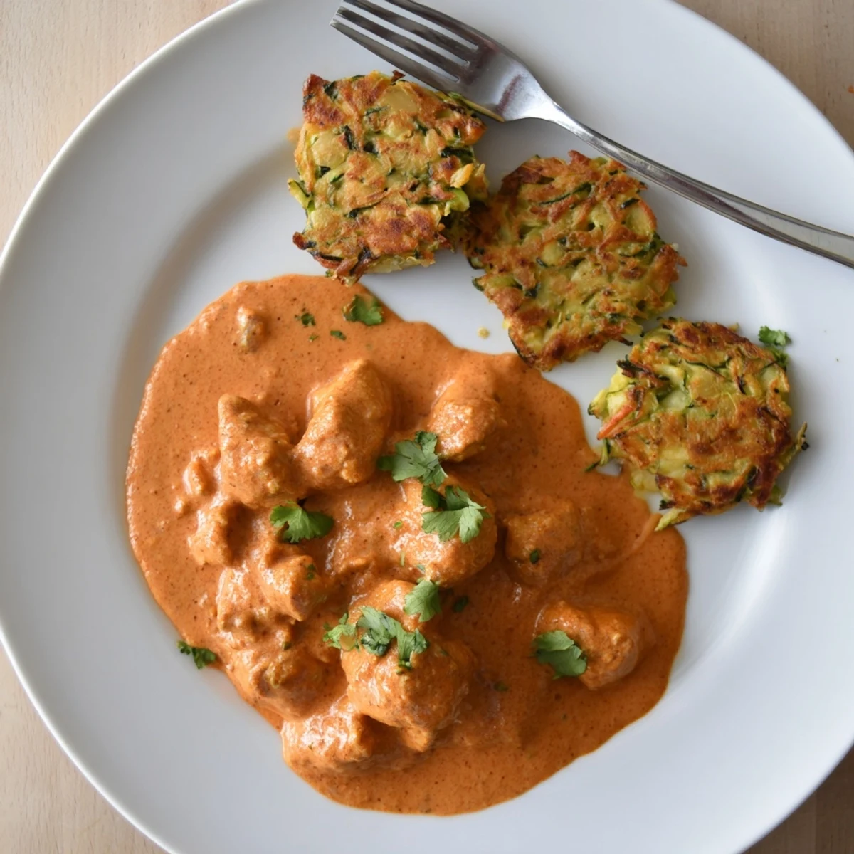 Golden-brown vegetable fritters rest beside a creamy bowl of butter chicken and vegetable fritters, garnished with cilantro.