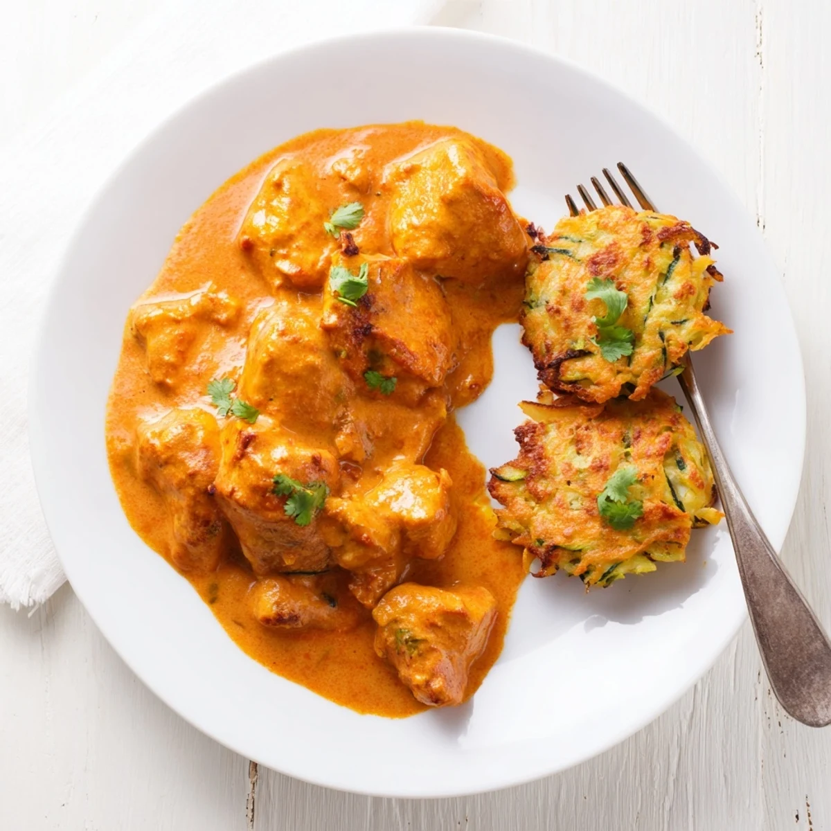 A close-up of butter chicken and vegetable fritters sizzling in a skillet, highlighting crispy edges and rich red sauce.