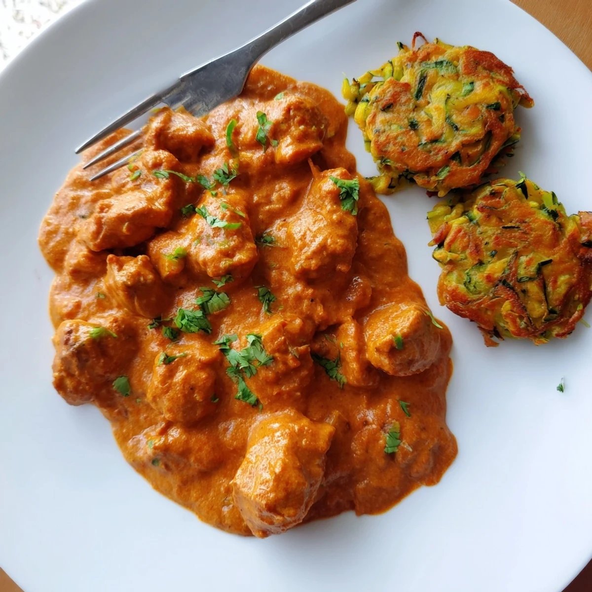 A cozy dinner plate featuring butter chicken and vegetable fritters, paired with fluffy rice and naan bread.