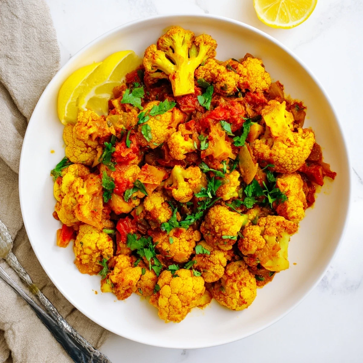 A steaming serving of Indian Butter Spiced Potatoes and Cauliflower next to fluffy basmati rice on a rustic plate.