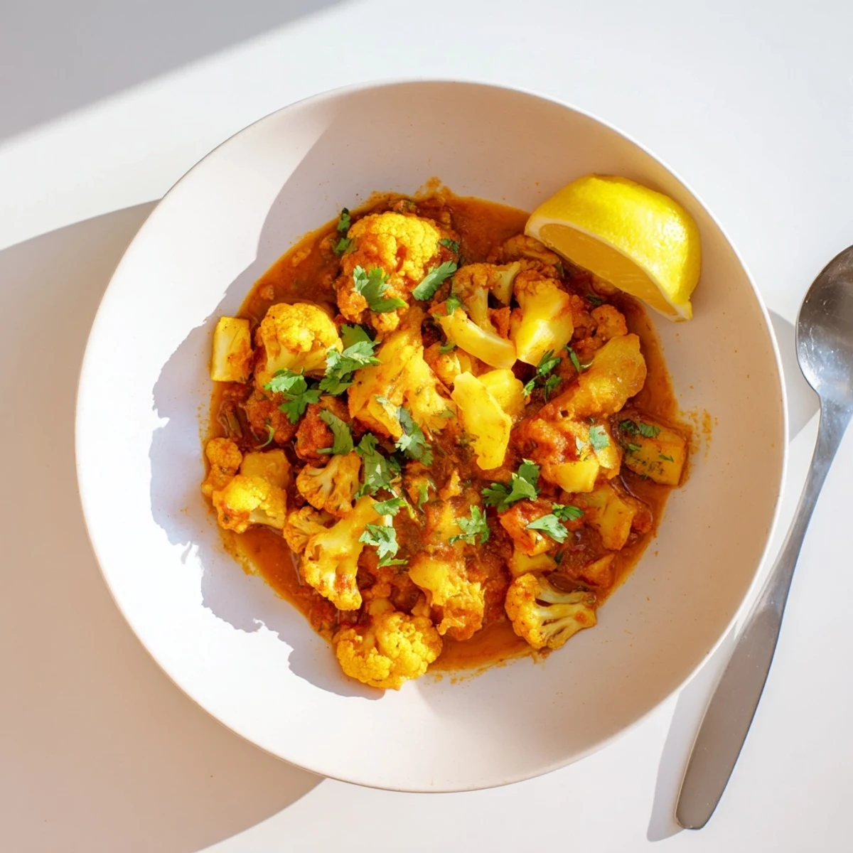 A close-up of Indian Butter Spiced Potatoes and Cauliflower glistening in a creamy tomato sauce with fresh cilantro garnish.