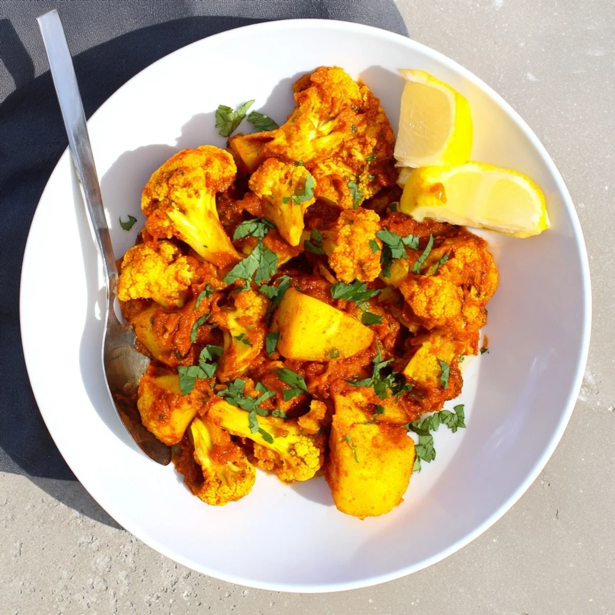 The vibrant orange sauce of Indian Butter Spiced Potatoes and Cauliflower coats tender chunks of potato and cauliflower florets.