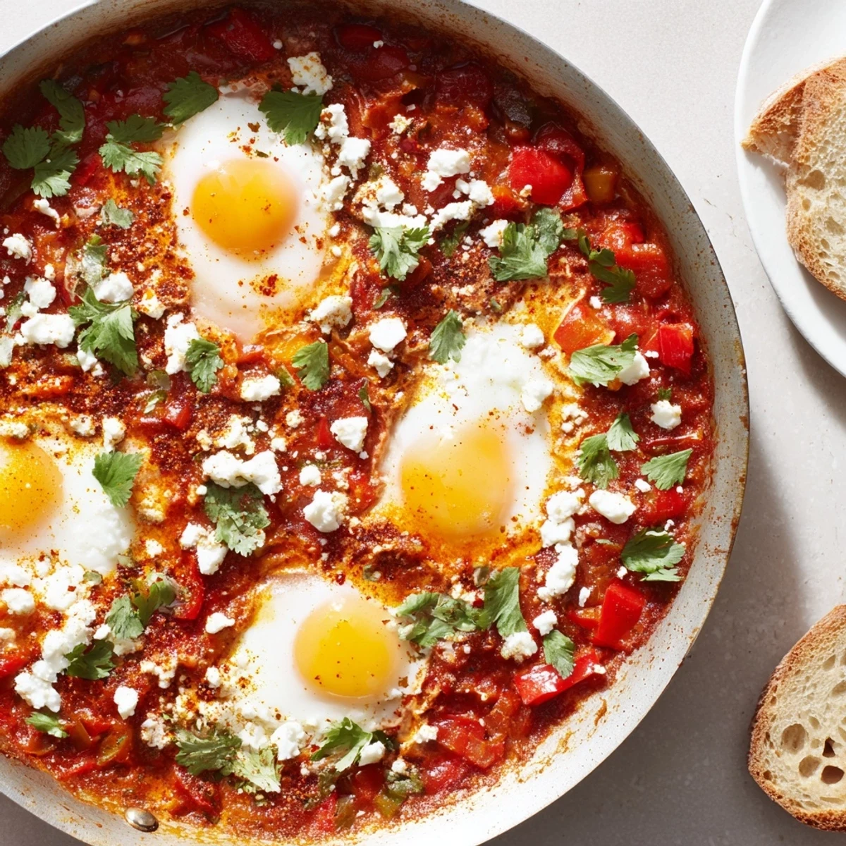 Vibrant Quick Shakshuka Eggs simmering in a spicy tomato pepper sauce, perfect with crusty bread for dipping.
