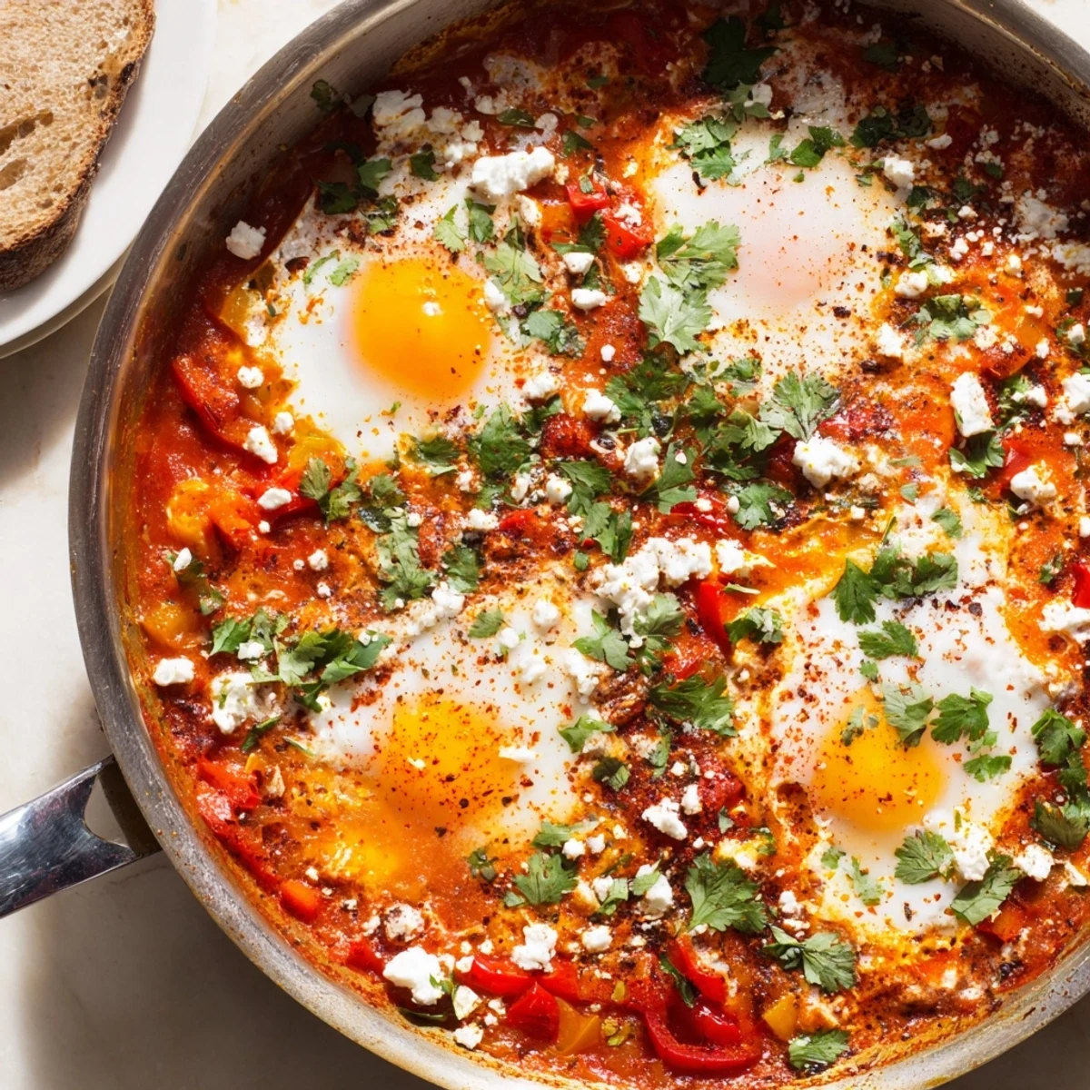 A close-up of Quick Shakshuka Eggs with runny yolks and fresh cilantro, served warm in a skillet.