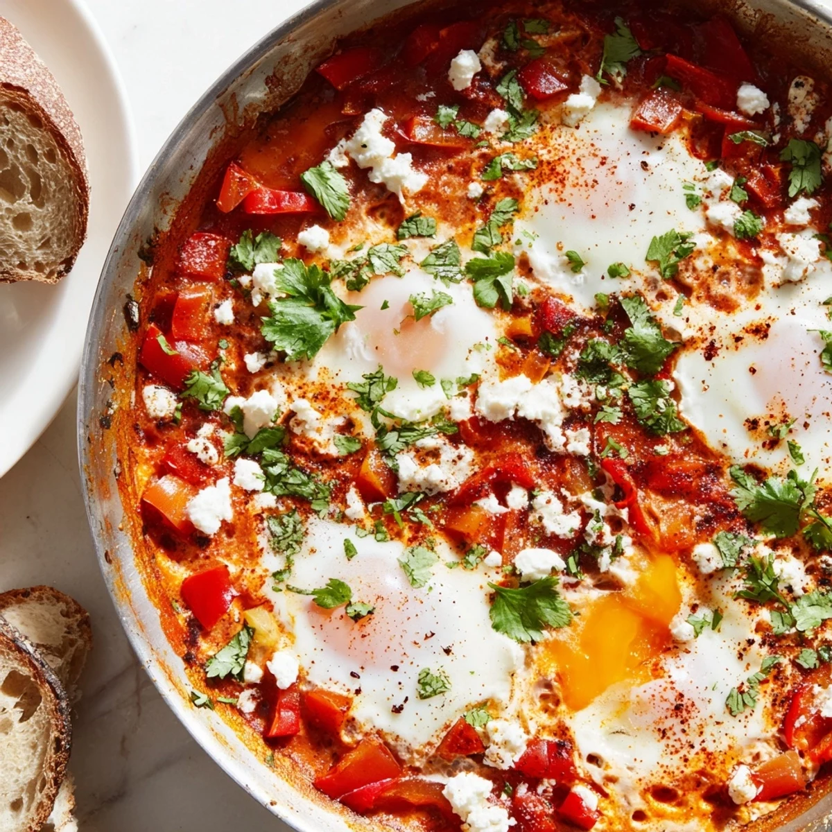 Quick Shakshuka Eggs with bubbly tomato sauce, feta garnish, and poached eggs ready for a hearty brunch.