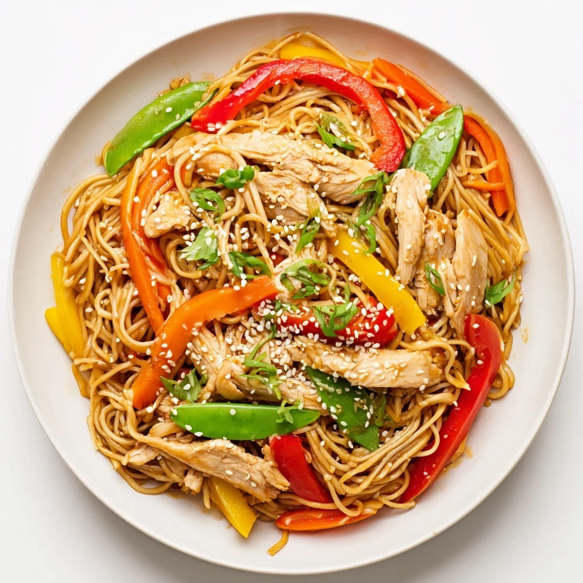 A close-up of Sweet Chilli Turkey Noodle Stir Fry with tender turkey strips, colorful bell peppers, and silky noodles coated in a glossy sauce.  