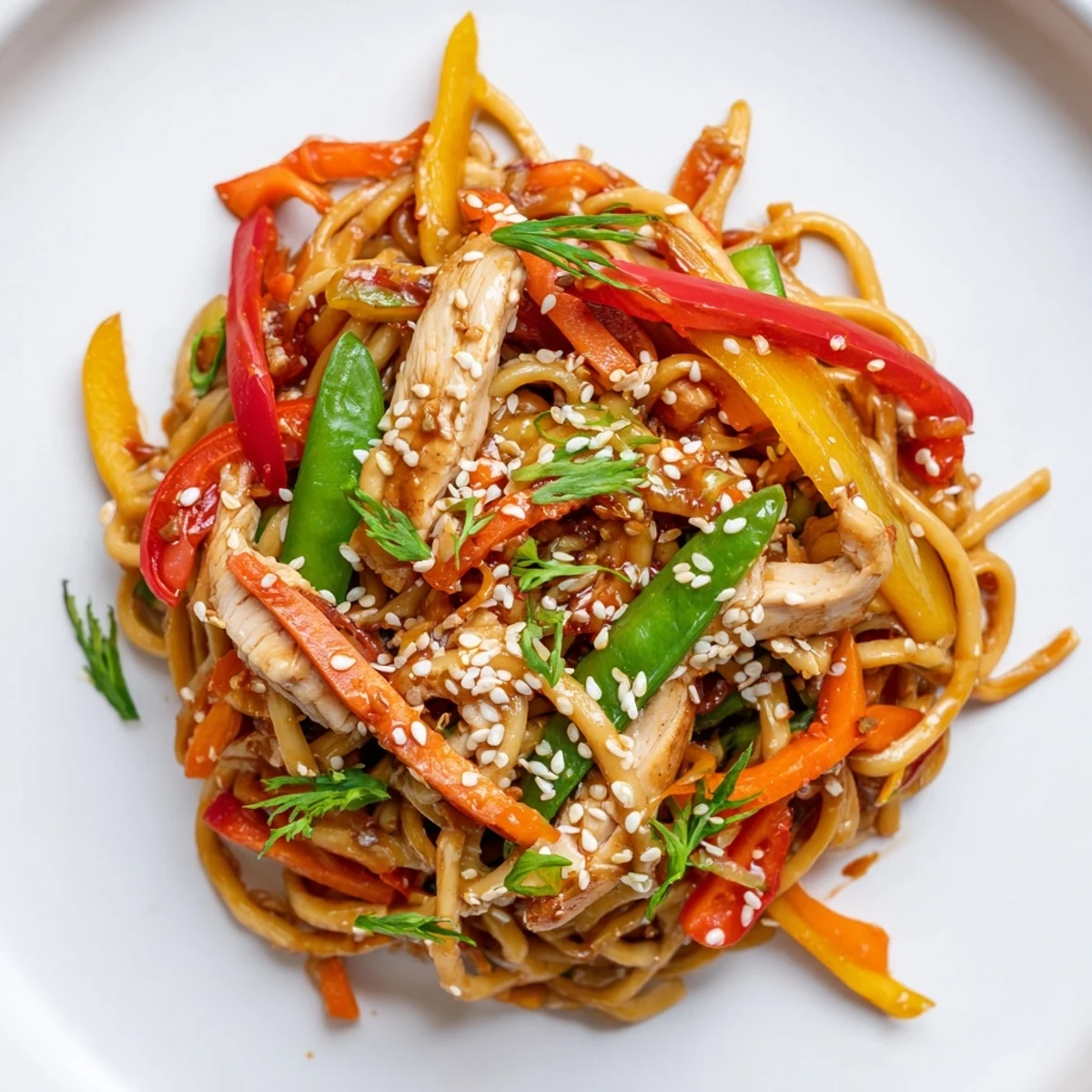 Sizzling Sweet Chilli Turkey Noodle Stir Fry in a hot wok, featuring crunchy sugar snap peas and carrots in a vibrant, appetizing steam.  