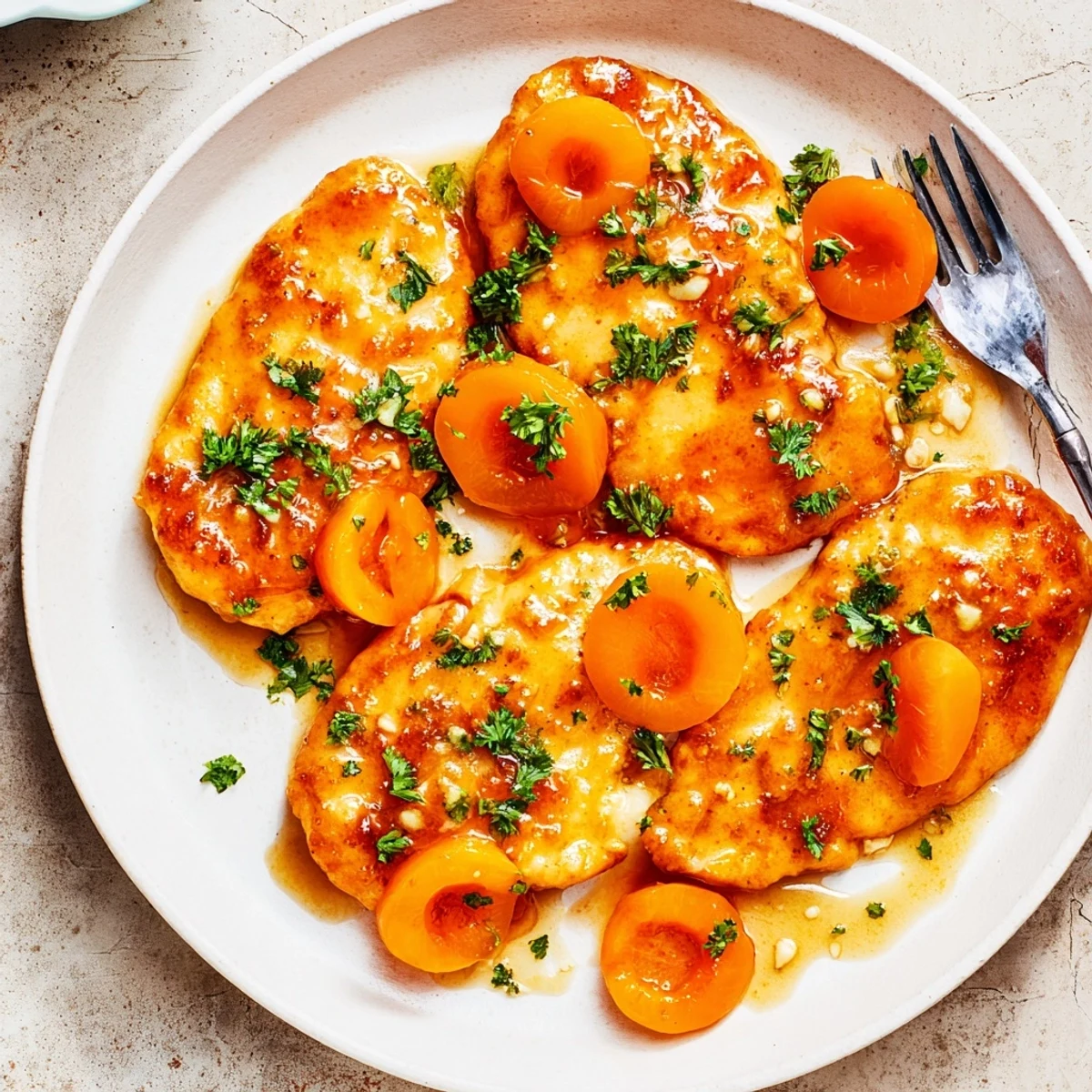 Golden-seared chicken breasts simmered in a sweet apricot glaze, garnished with fresh parsley and served over fluffy white rice for a comforting family meal.