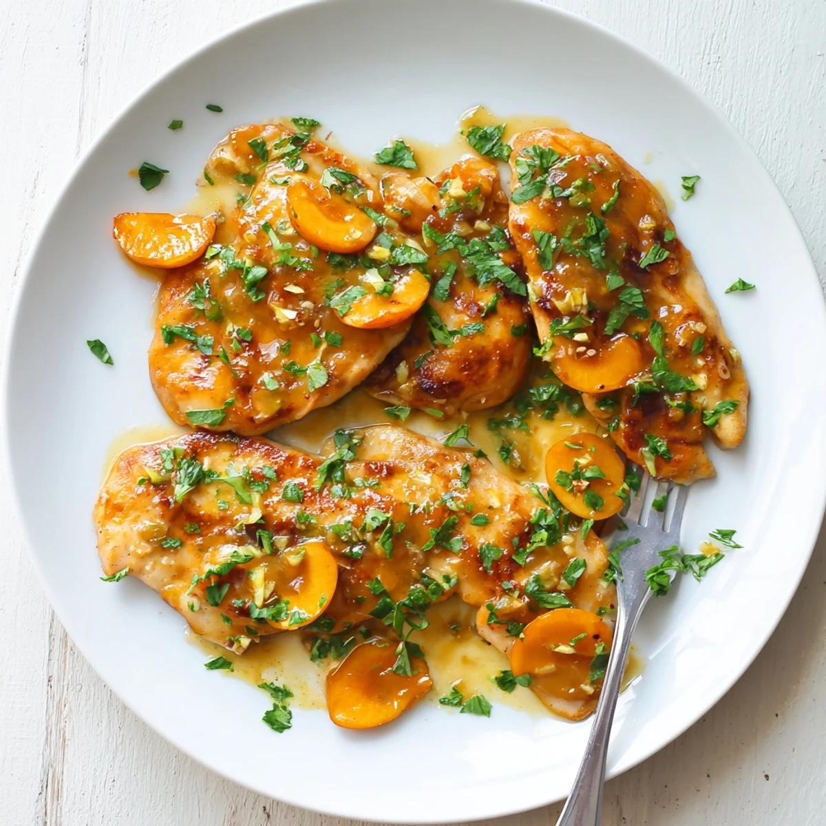 A close-up of tender Classic Apricot Chicken in a glossy orange sauce, with a garnish of sliced fresh apricots and herbs, ready to serve from the skillet.