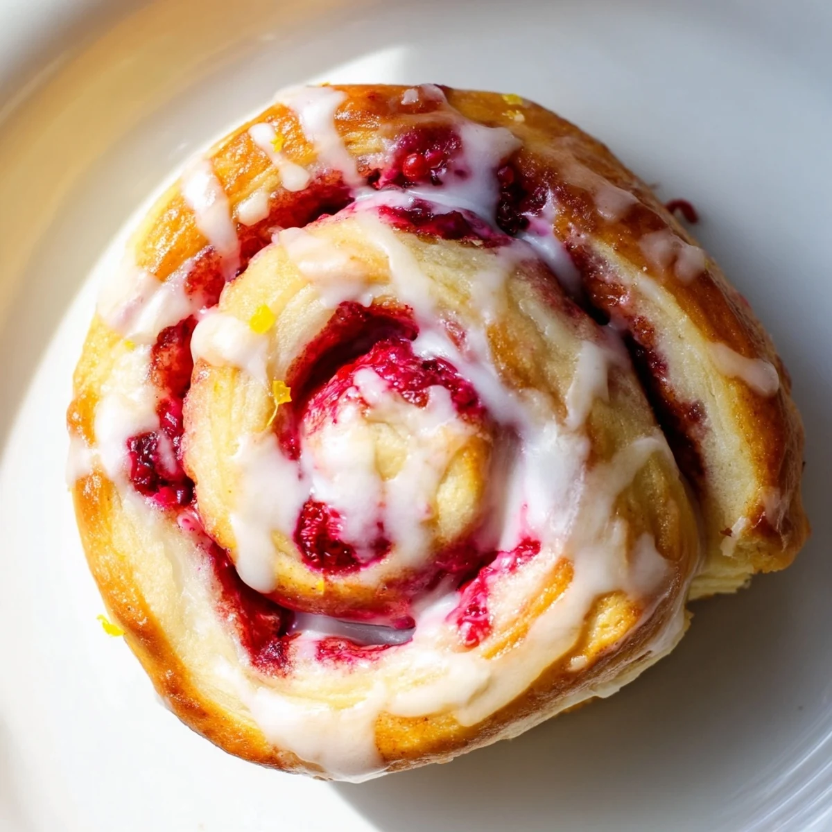 Freshly baked Raspberry Cinnamon Rolls With Lemon Glaze drizzled on top, served warm on a rustic wooden table.