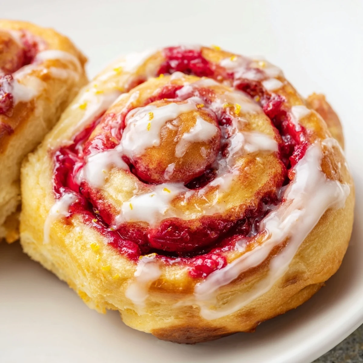 A close-up of Raspberry Cinnamon Rolls With Lemon Glaze glistening on a white plate, ready for a cozy brunch.