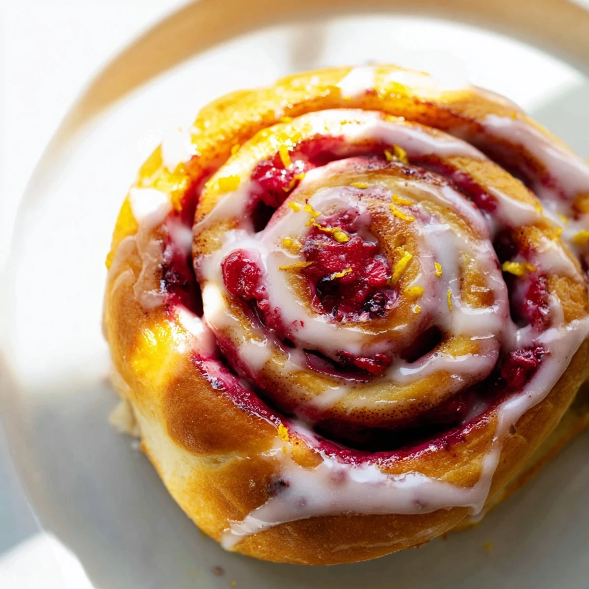 Spiral-cut Raspberry Cinnamon Rolls With Lemon Glaze reveal a vibrant red berry swirl and soft pillowy dough texture.