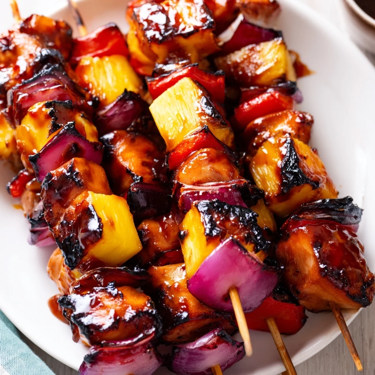 These gluten-free Chicken and Pineapple BBQ Skewers feature tender grilled meat, caramelized pineapple, and fresh veggies ready to serve.