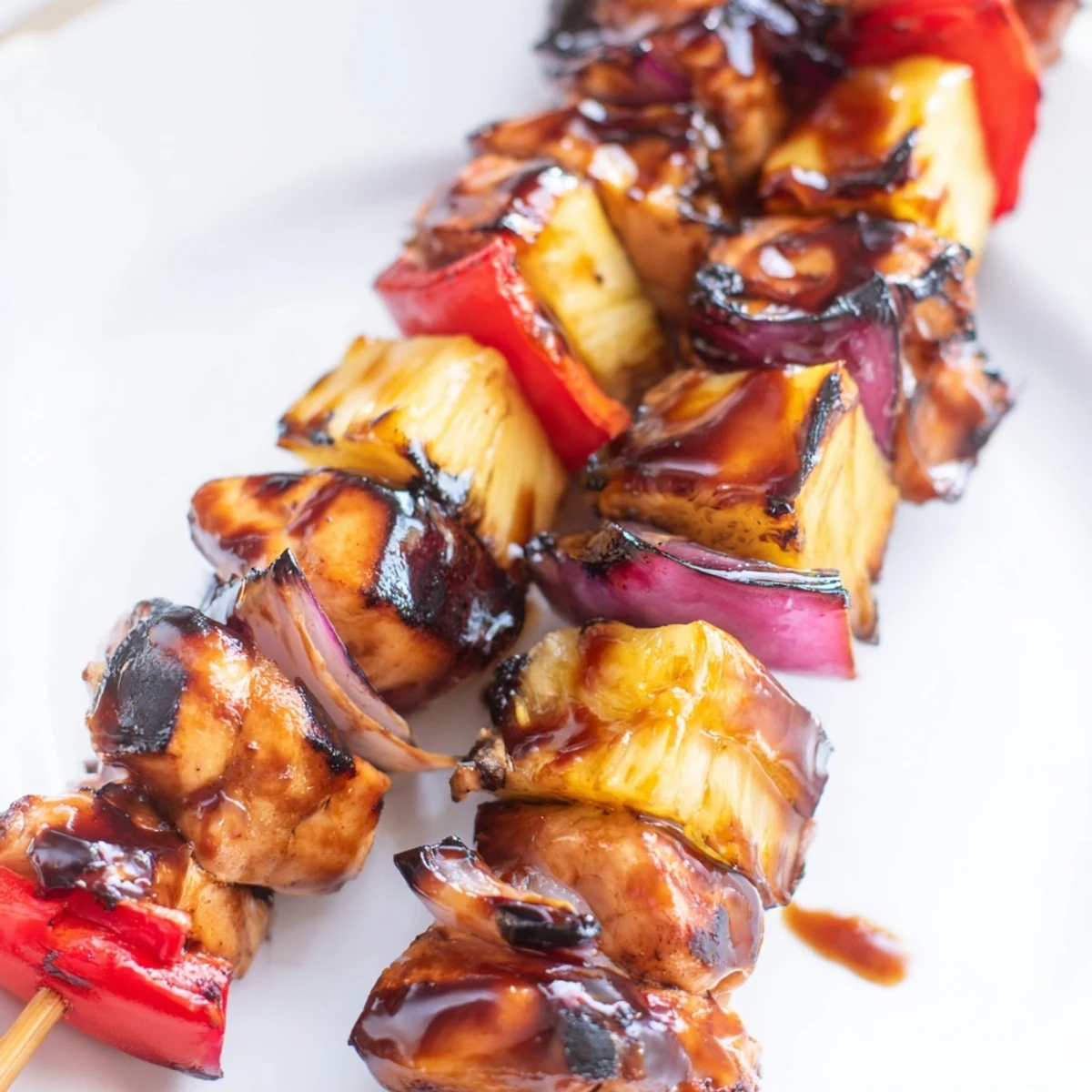 Chicken and Pineapple BBQ Skewers show vibrant red bell peppers and onions, served hot over a summer picnic plate.