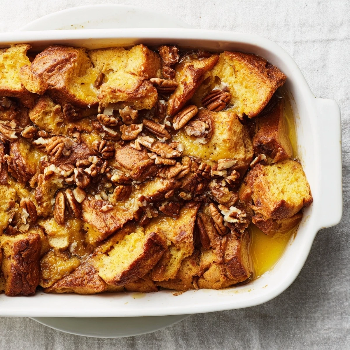 Warm slices of French Toast Casserole, baked golden and dusted with powdered sugar, served with maple syrup.