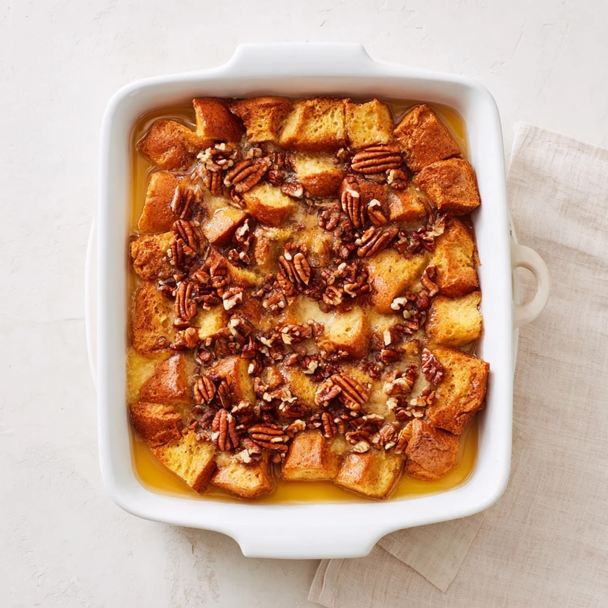 Freshly baked French Toast Casserole in a white dish, topped with caramelized pecans and a pat of butter.