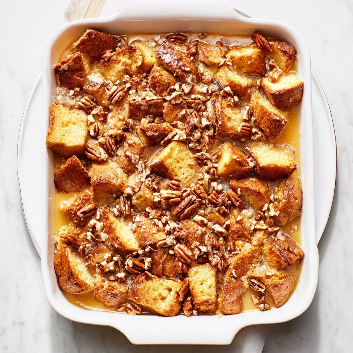 Close-up of French Toast Casserole showing custard-soaked bread cubes and a crunchy cinnamon-brown sugar topping.