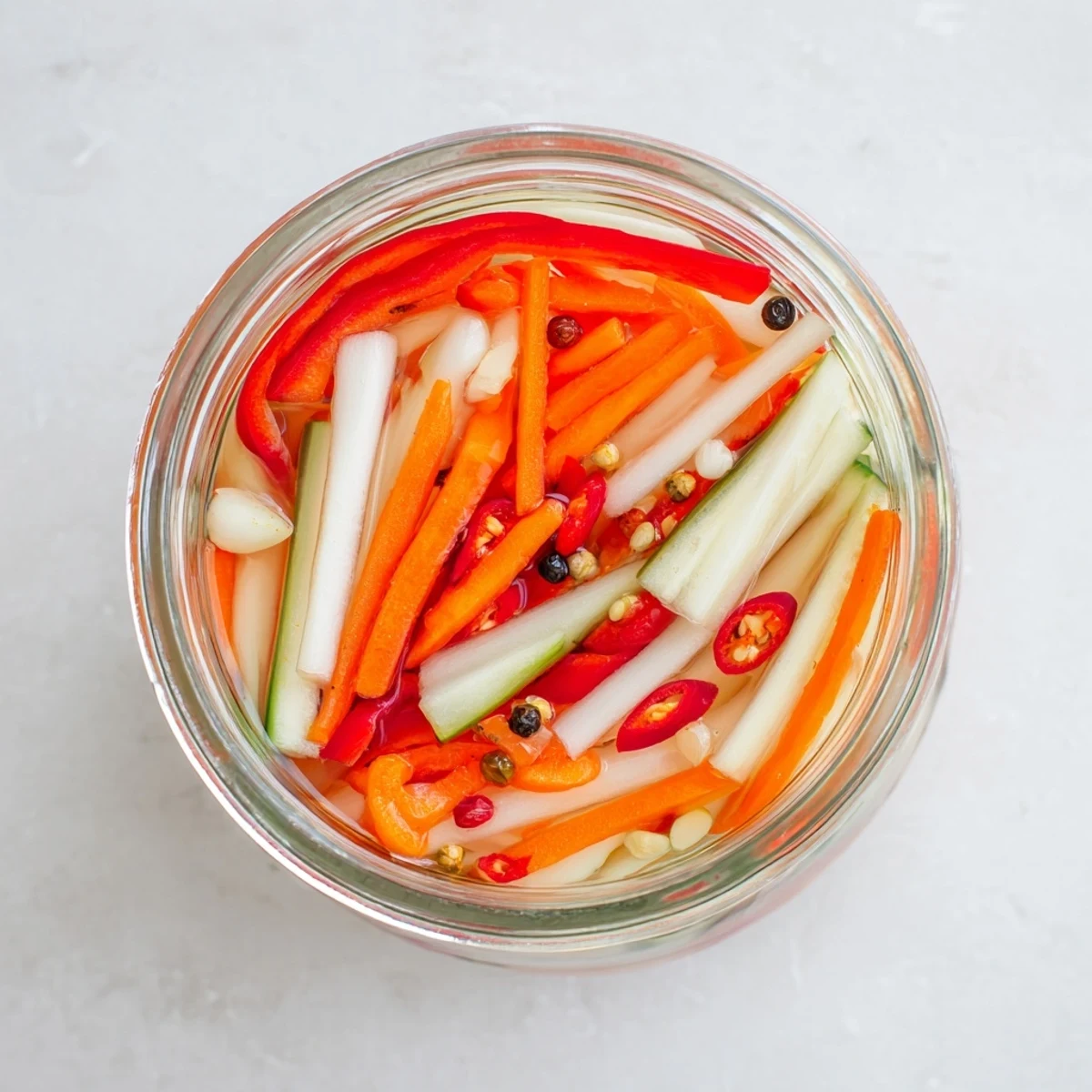 Crisp julienned carrots and daikon in Vietnamese Vegetable Pickle Medley glisten with tangy rice vinegar brine. 