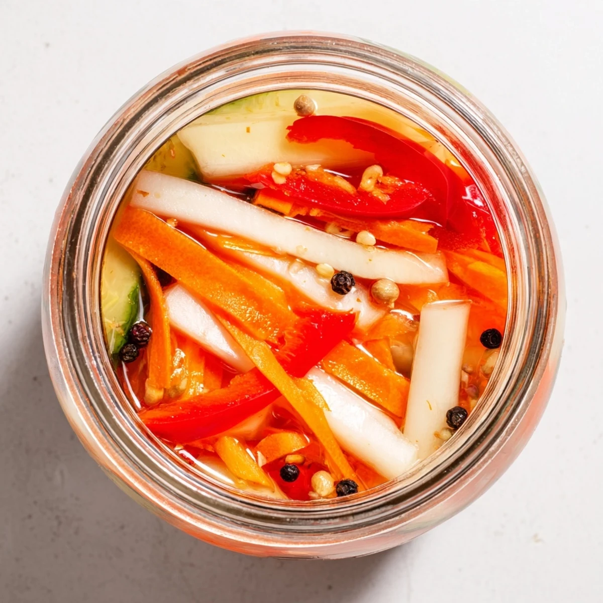 Garlic and peppercorns float through Vietnamese Vegetable Pickle Medley brine covering crunchy, sweet and tangy vegetables.