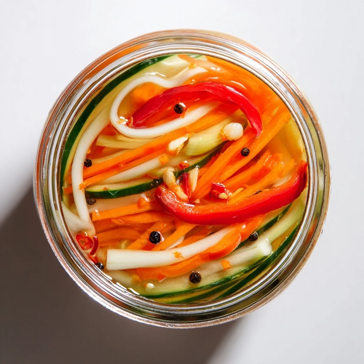 Vibrant red bell pepper and cucumber slices in Vietnamese Vegetable Pickle Medley rest beside a banh mi. 