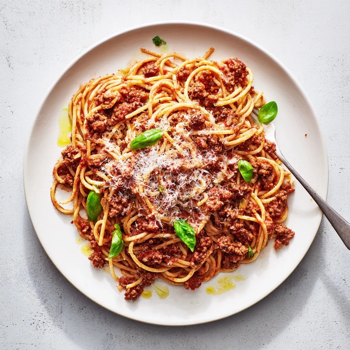 A generous bowl of The Bear Spaghetti twirled on a fork, showing the hearty meat sauce clinging to al dente pasta.