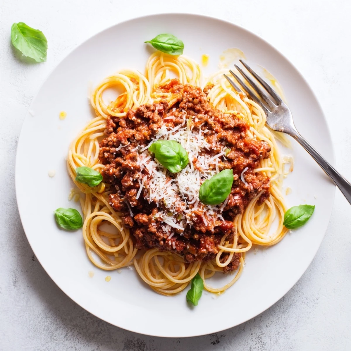 A close-up of The Bear Spaghetti plated with fresh basil and grated Parmesan, steam rising from the rich tomato sauce.