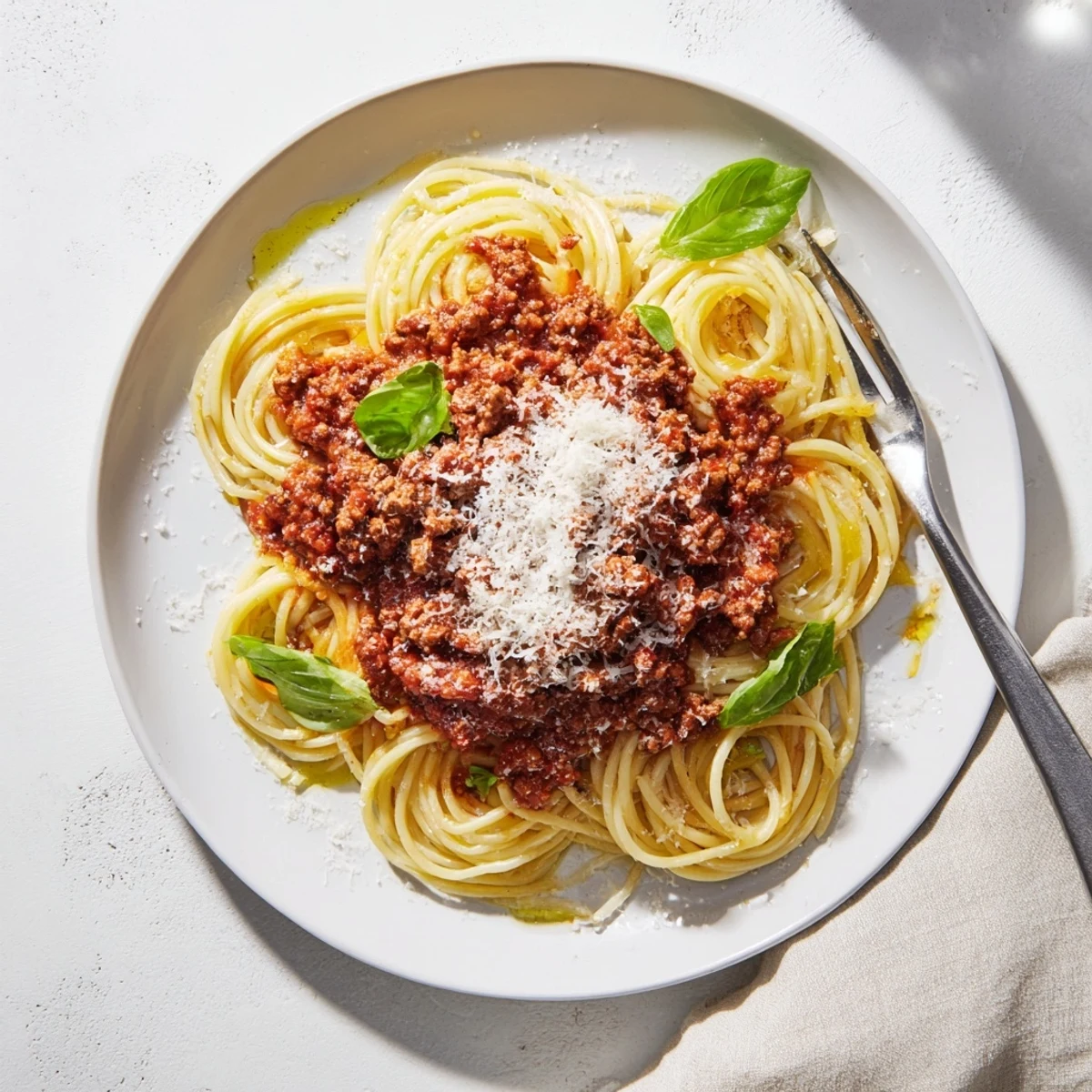 Overhead view of The Bear Spaghetti in a rustic ceramic bowl, garnished with basil and ready to serve at a family dinner.