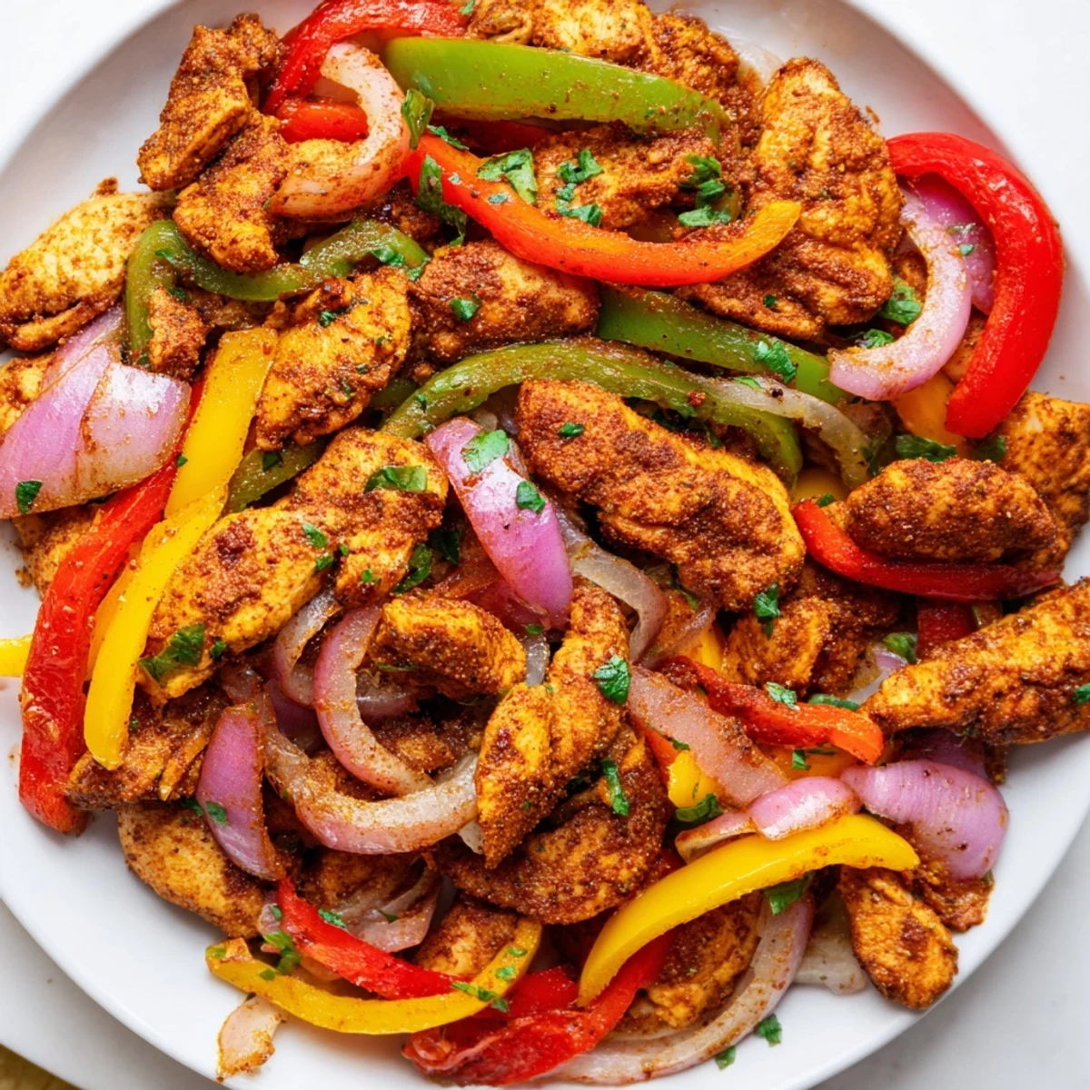 Vibrant chicken and colorful bell peppers sizzling in a skillet, showcasing the Cajun Chicken Bell Peppers Spicy Delight recipe.