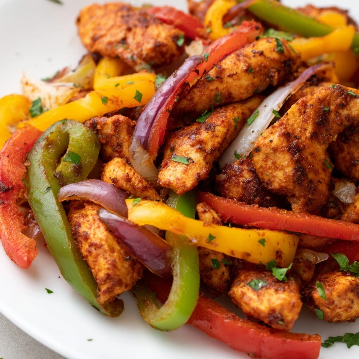 A close-up view of tender chicken and crisp veggies, highlighting the spicy Cajun flavors of this delightful dish.