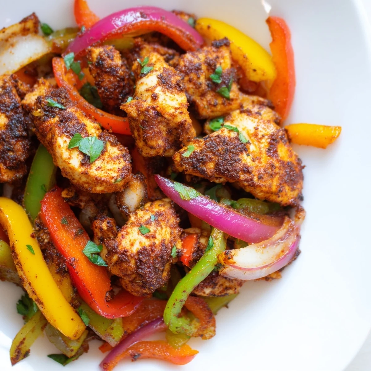 Serving suggestion for Cajun Chicken Bell Peppers Spicy Delight, garnished with fresh parsley and lemon wedges on a plate.