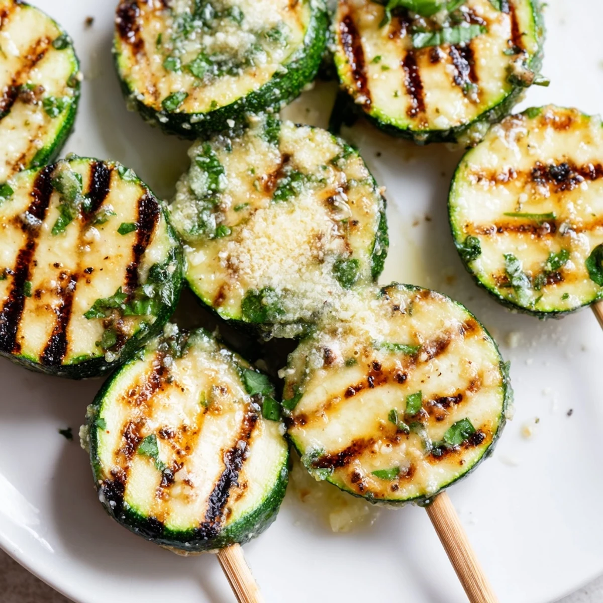 Grilled Garlic Butter Zucchini Skewers showcasing charred edges and glossy herb butter on a wooden serving platter.