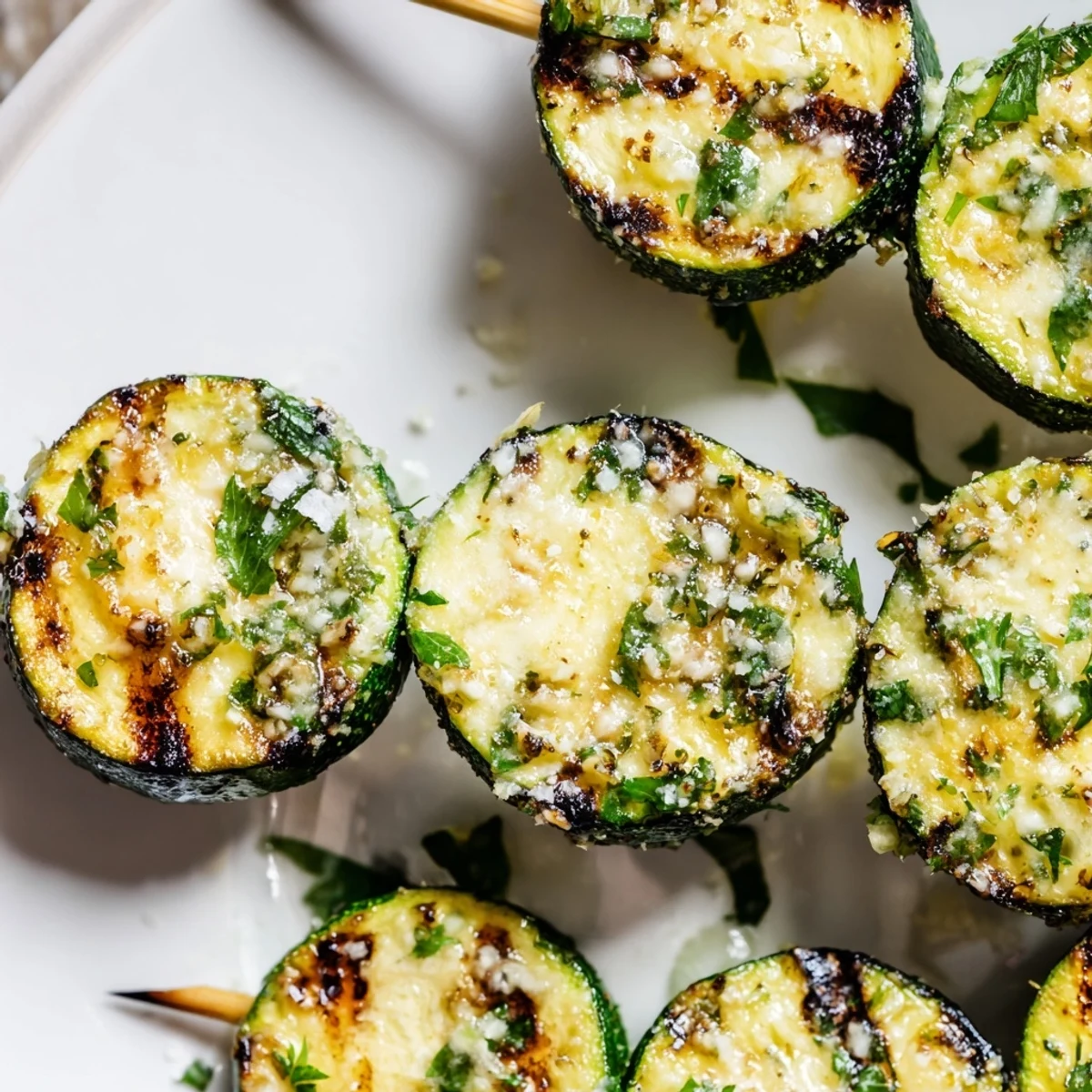 A close-up of juicy Garlic Butter Zucchini Skewers garnished with fresh parsley and lemon wedges on a plate.