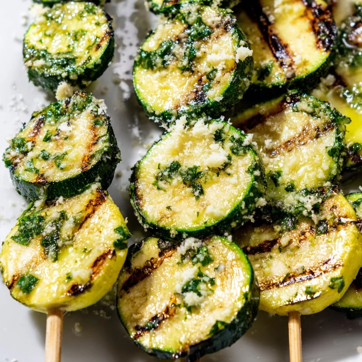 Platter of vibrant green Garlic Butter Zucchini Skewers with melted butter and parmesan, ready to be served.