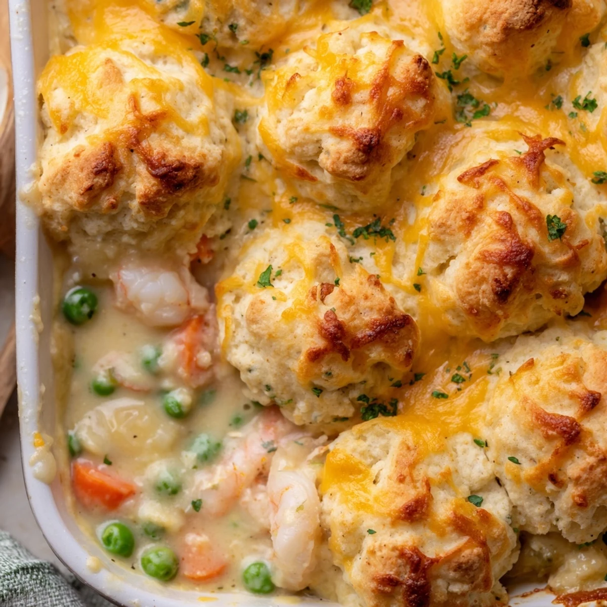 A close-up of Seafood Pot Pie with Cheddar Bay Biscuit Topping reveals creamy shrimp and crab filling peeking through golden, cheesy biscuits, served bubbling hot in a rustic dish.