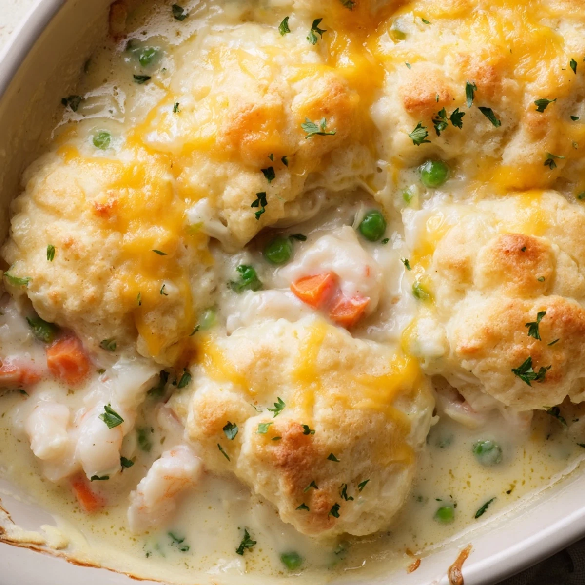 A hearty slice of Seafood Pot Pie with Cheddar Bay Biscuit Topping is lifted from the dish, displaying tender white fish and peas in creamy sauce beneath a flaky, cheddar-studded topping.