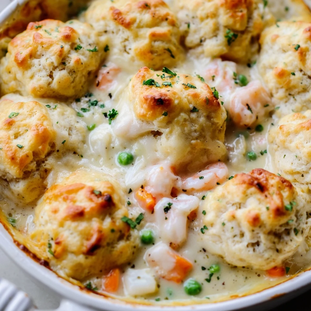 An overhead view of Seafood Pot Pie with Cheddar Bay Biscuit Topping showcases buttery biscuit crusts glistening with garlic parsley glaze atop a rich seafood and vegetable mixture, ready to serve.