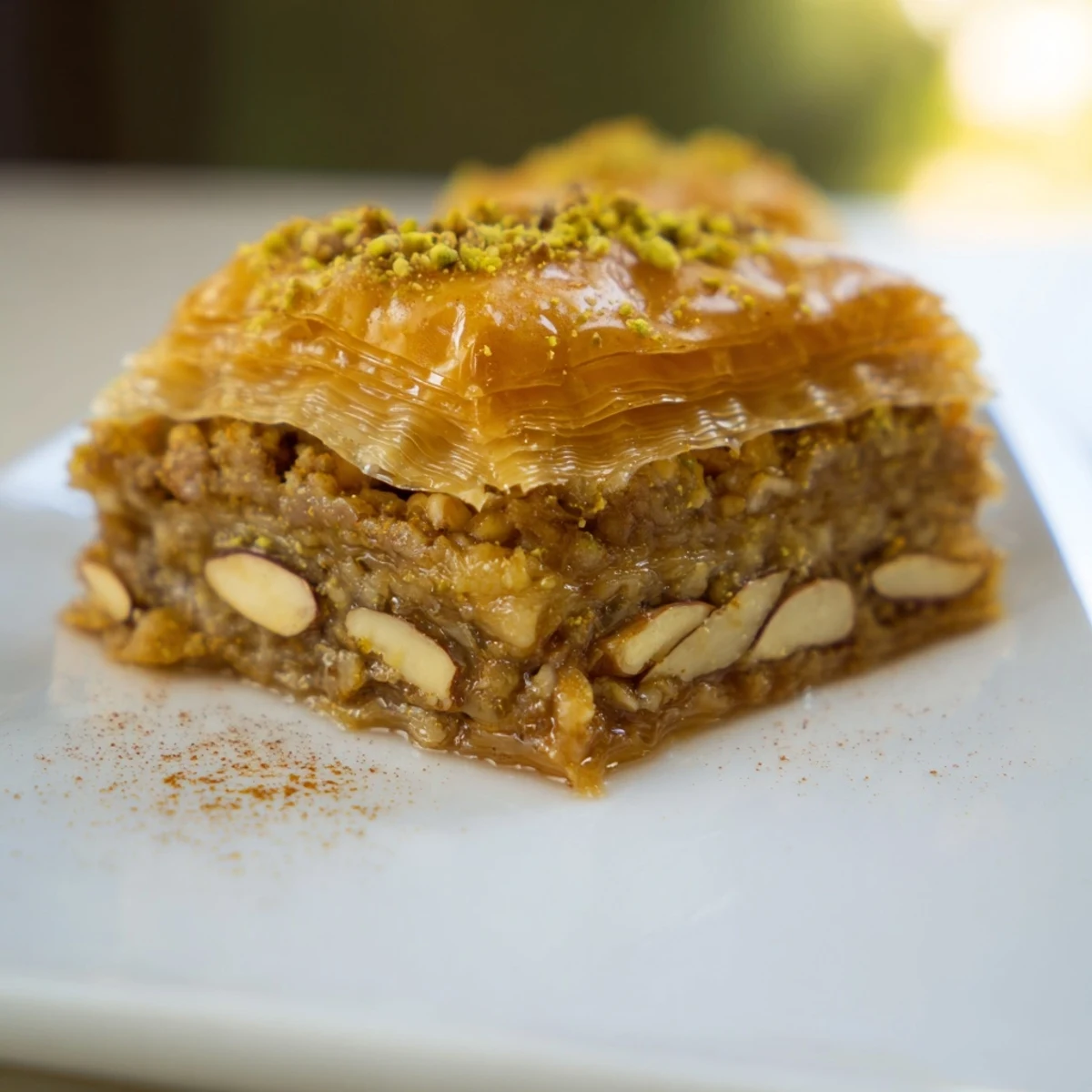 Golden-brown layers of Greek Baklava with a honey glaze, topped with crushed pistachios and served on a white plate.