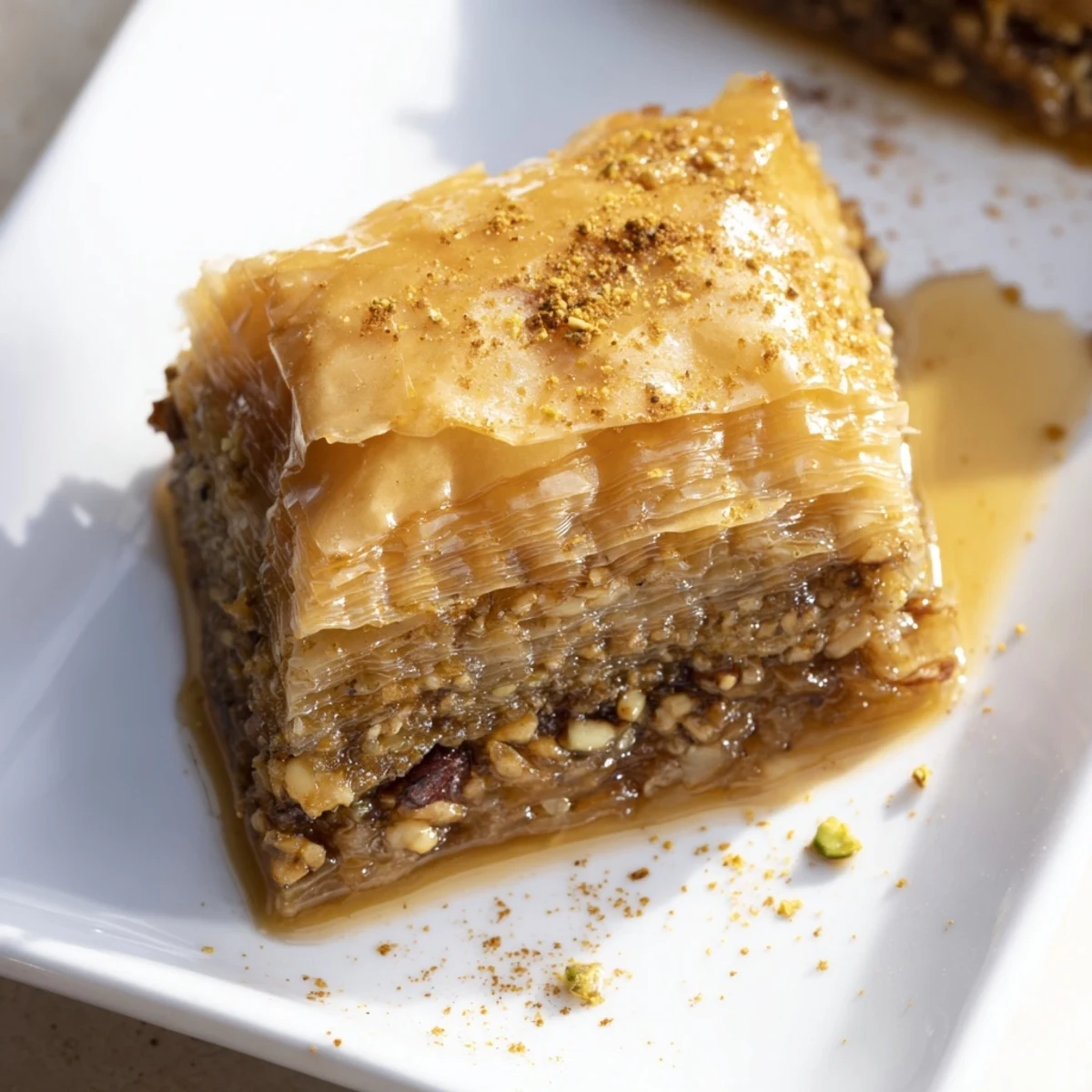 A close-up of Greek Baklava showing flaky phyllo pastry and a rich syrup, perfect for dessert lovers.