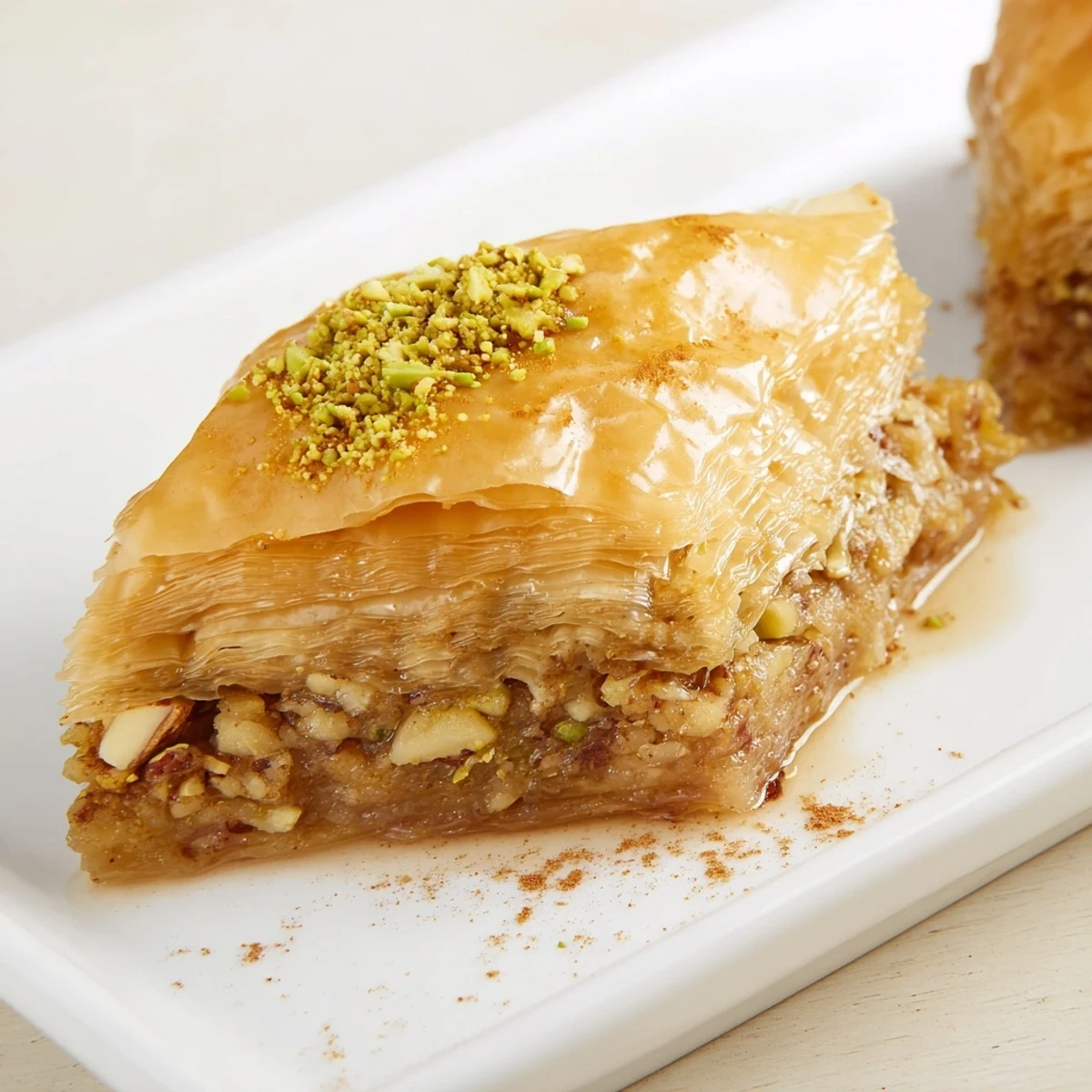 A freshly baked Greek Baklava cut into diamonds, garnished with nuts and ready to be served with coffee.