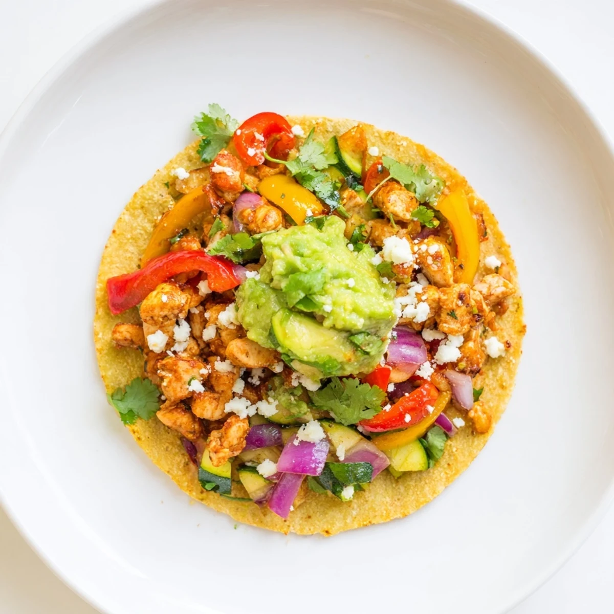 A close-up of hearty Chicken Veggie Tostadas With Guacamole, featuring juicy chicken and fresh cilantro garnish.