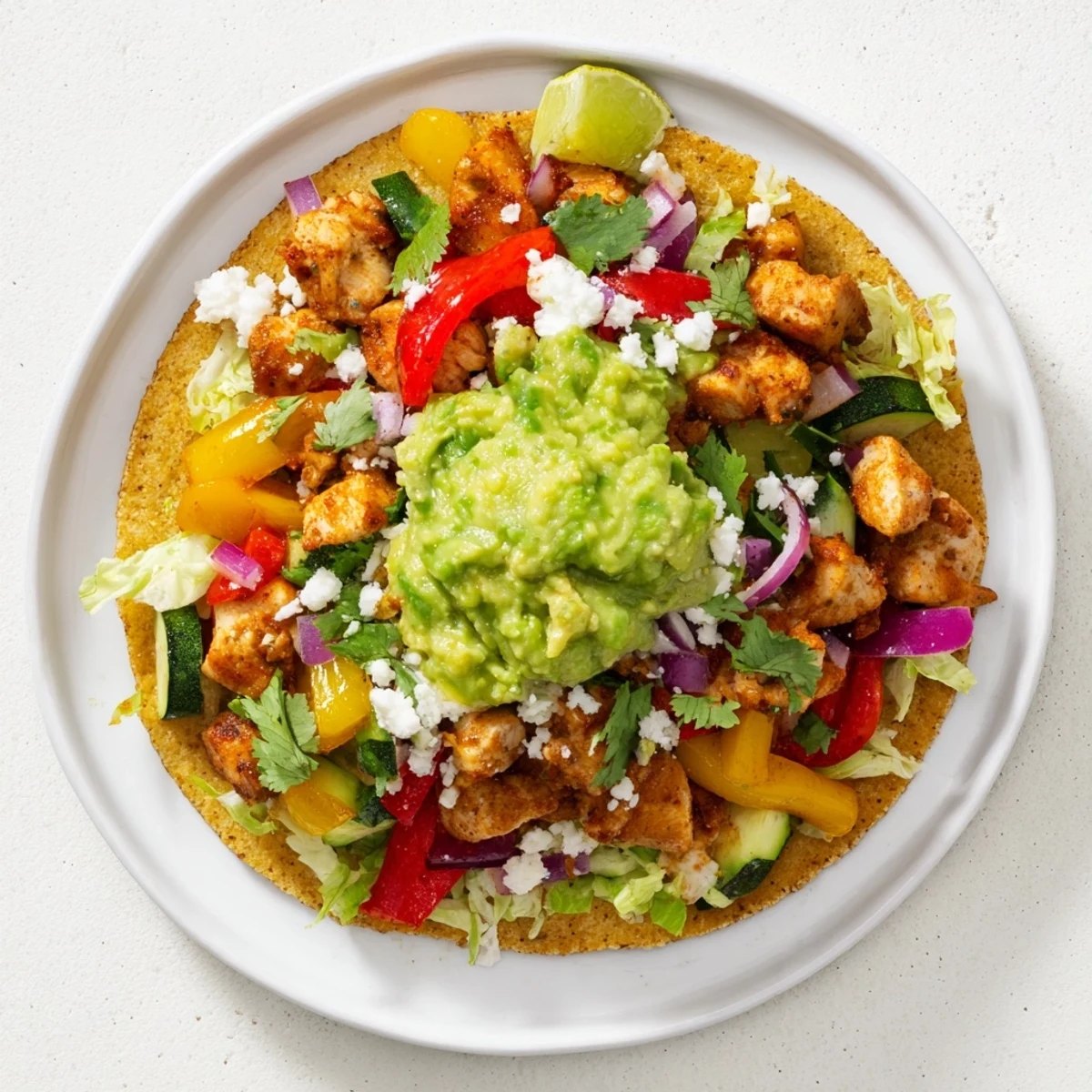 Crispy corn tostadas loaded with spiced chicken, sautéed veggies, and creamy guacamole for a vibrant Mexican-inspired dinner.