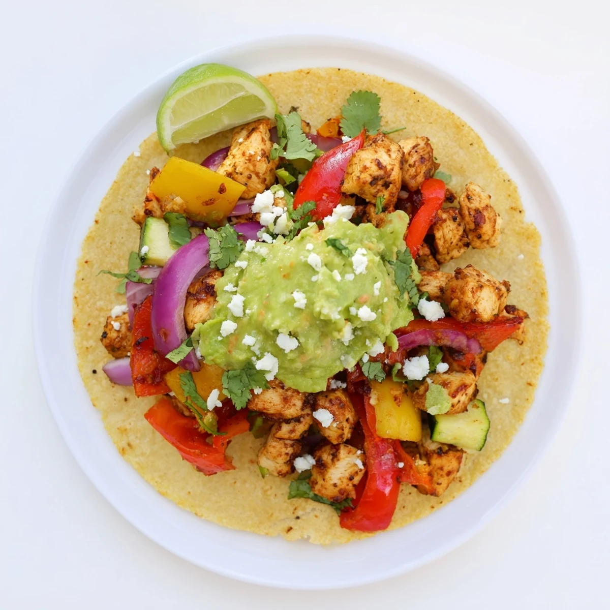 Serving suggestion for Chicken Veggie Tostadas With Guacamole, topped with crumbled cheese and lime wedges for extra zest.