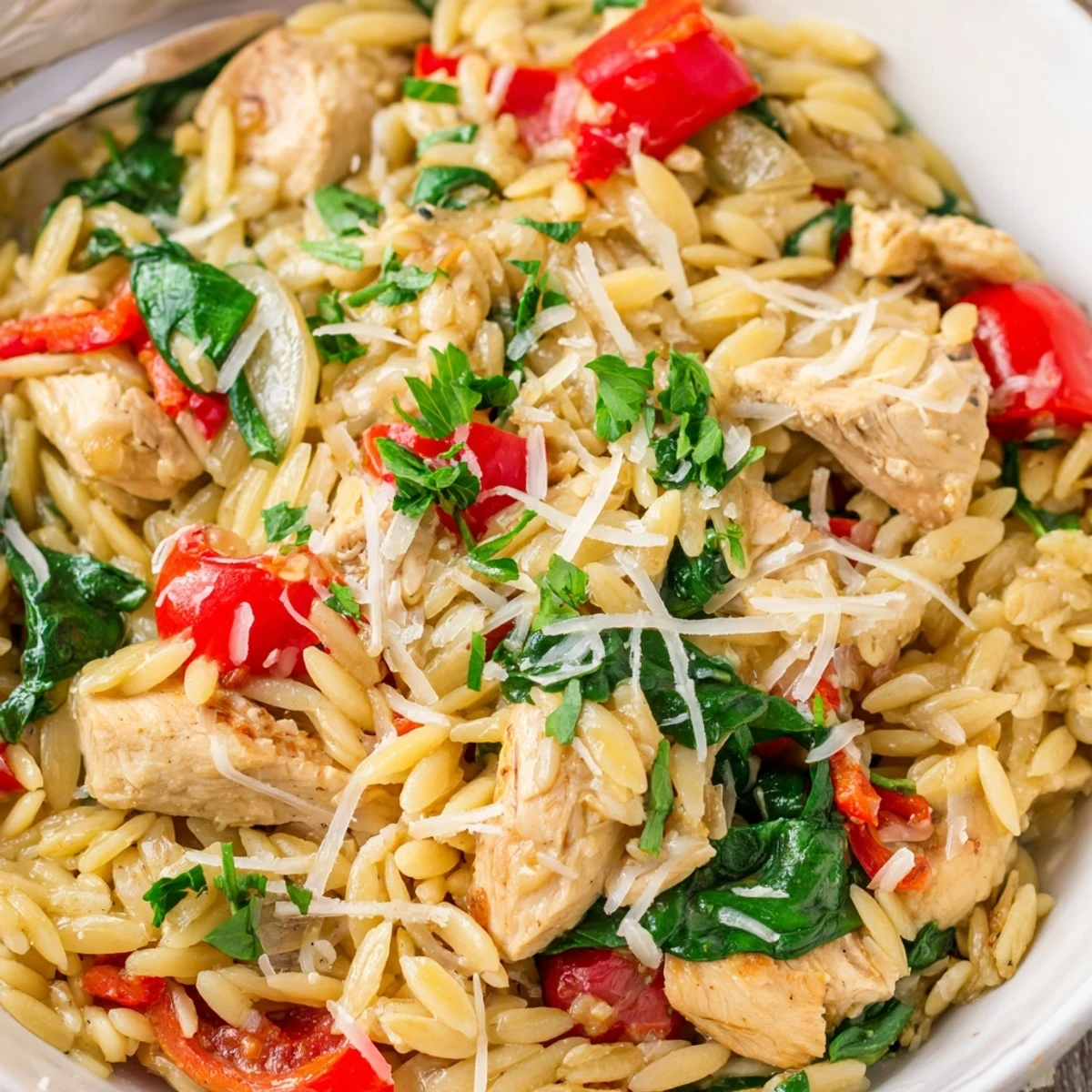 A close-up of a skillet showing tender orzo pasta coated in a light herbed sauce with spinach and melted Parmesan for the High Protein Chicken Orzo.