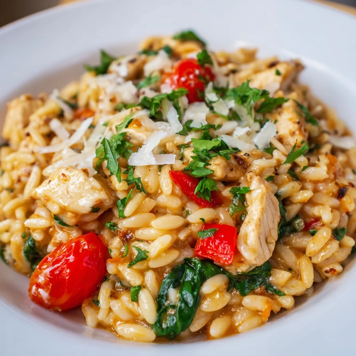 An inviting serving of High Protein Chicken Orzo plated with a wedge of lemon, showcasing the savory Mediterranean ingredients and steam rising from the hot meal.