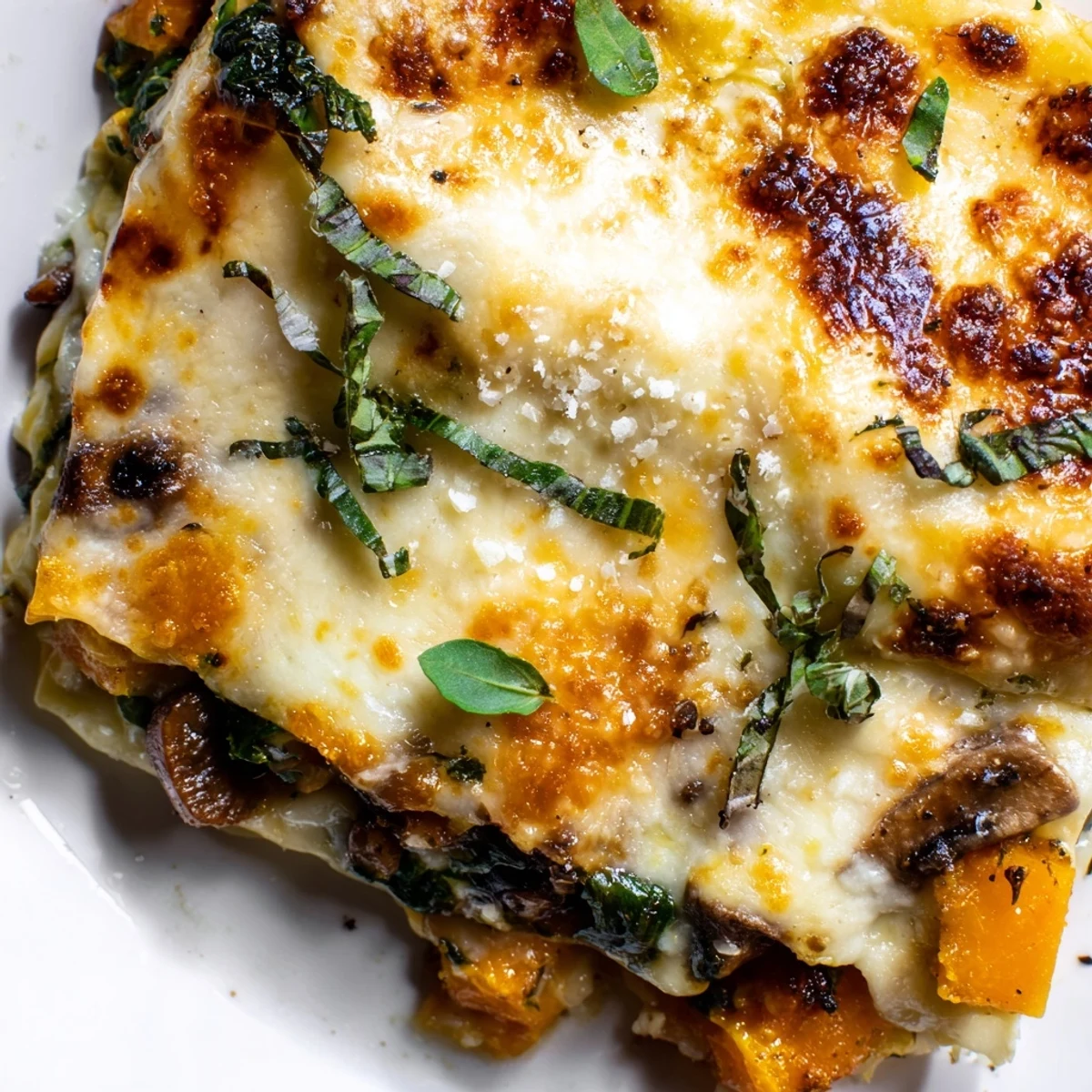 Sliced Butternut Squash, Spinach & Mushroom Lasagna with visible roasted squash and spinach on a white plate.