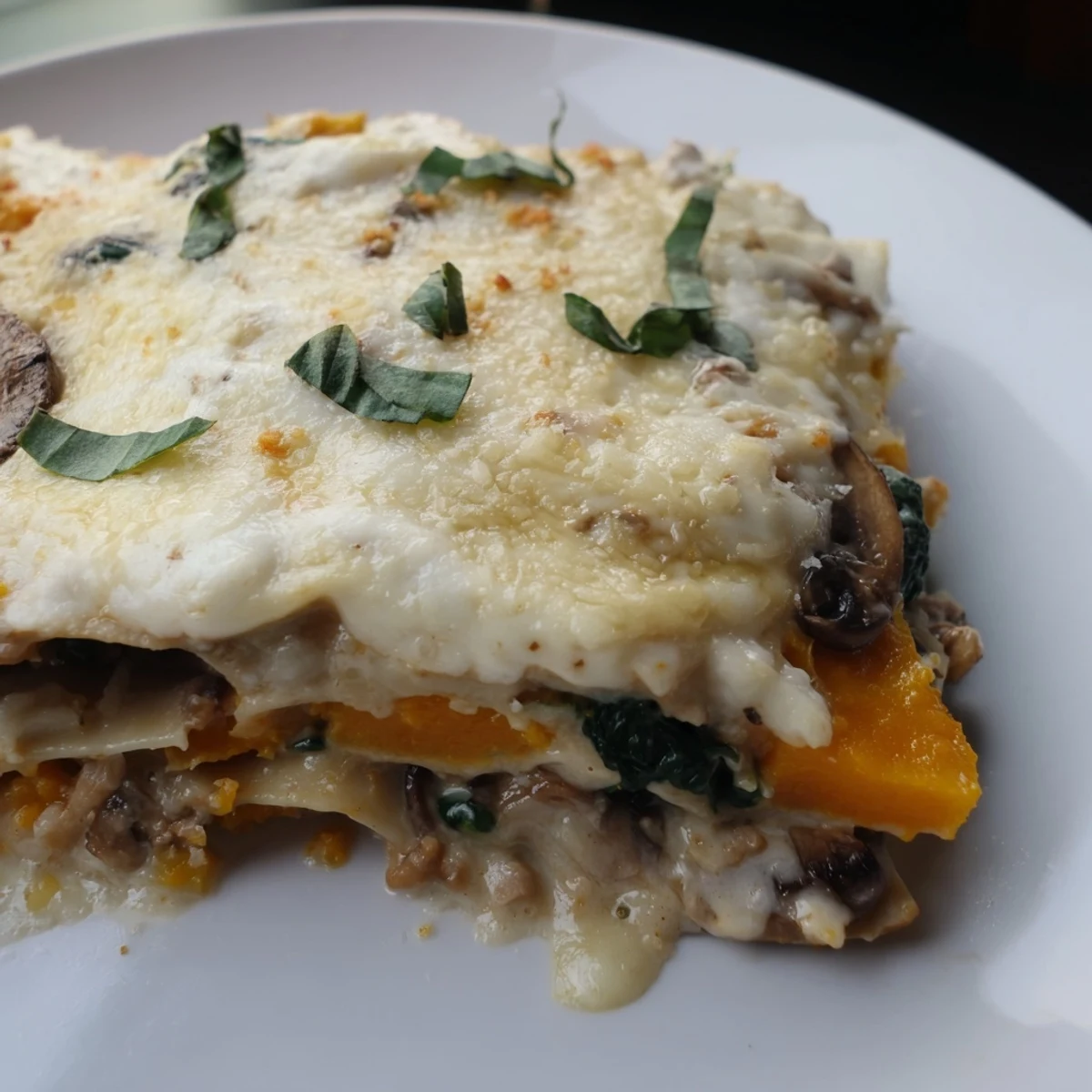 Butternut Squash, Spinach & Mushroom Lasagna showing golden cheese and creamy sauce layers in a baking dish.