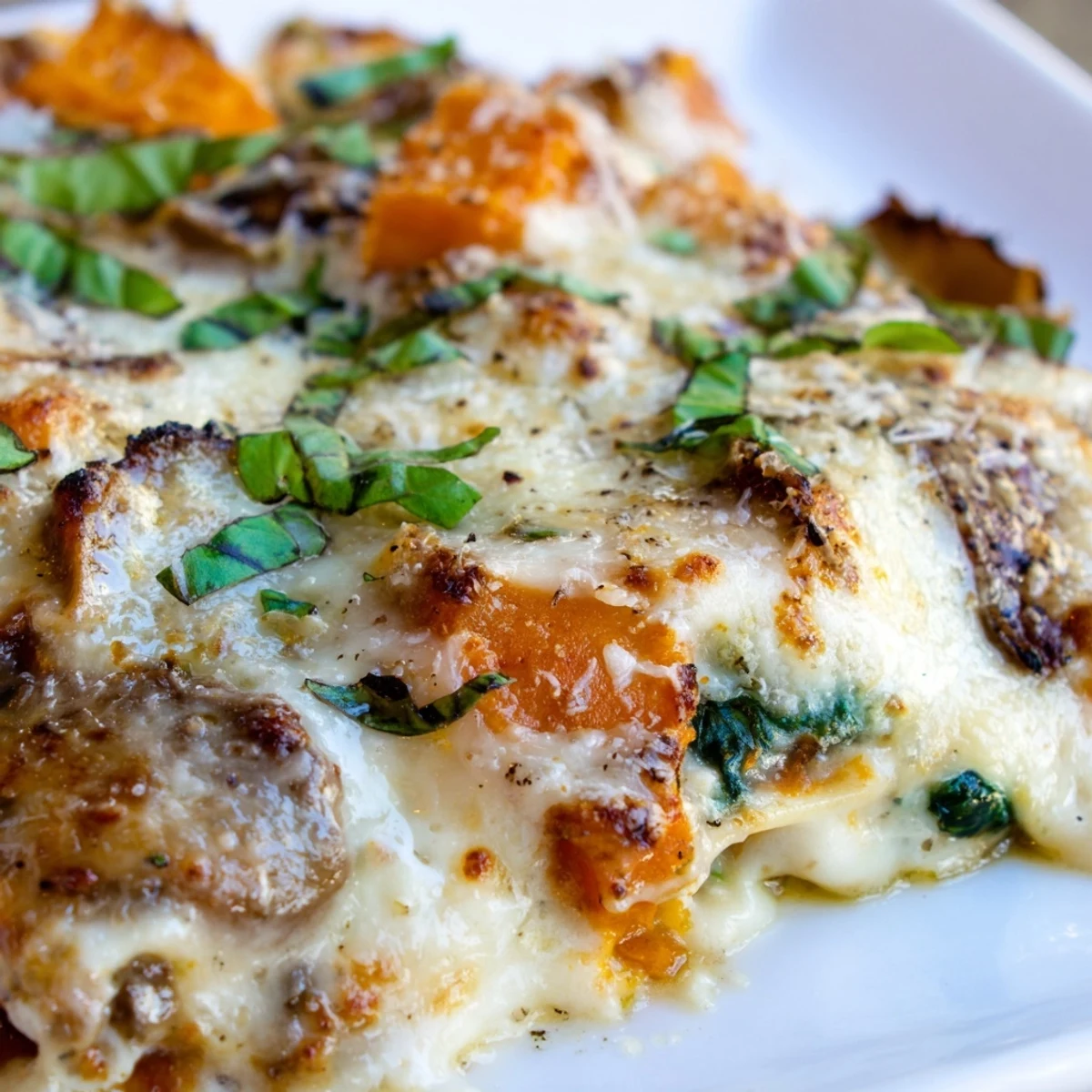 Close-up of Butternut Squash, Spinach & Mushroom Lasagna with bubbling cheese and fresh basil garnish.