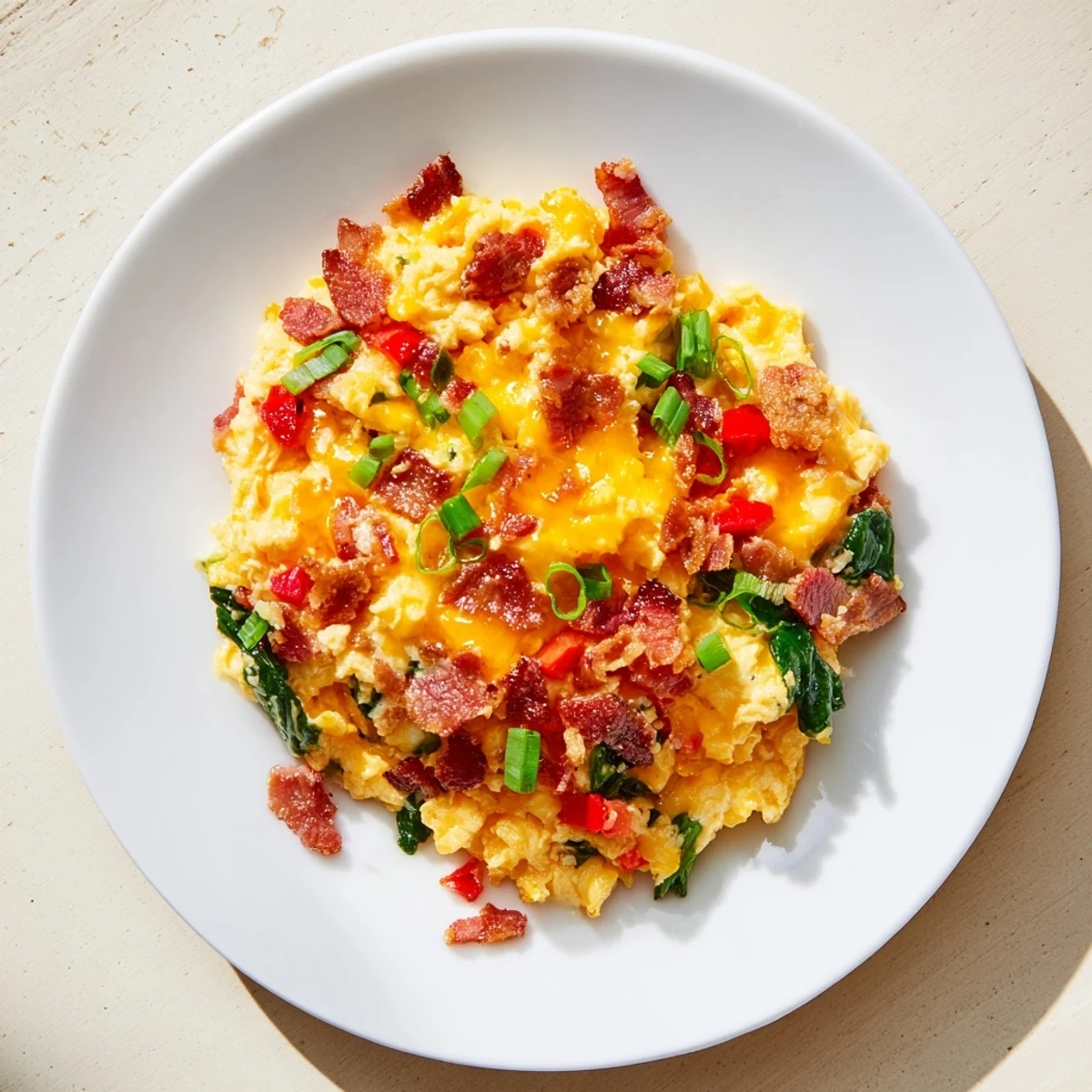 Golden loaded scrambled eggs topped with crumbled bacon and melty cheddar, served warm.